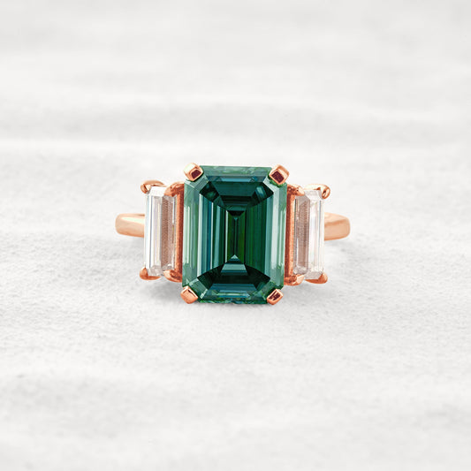 6.2 CT Dark Green Emerald Cut 3 Stones Moissanite Diamond Engagement Ring In Rose Gold