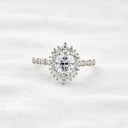 1.33 CT Oval Cut Halo & Pave Moissanite Diamond Engagement Ring In White Gold