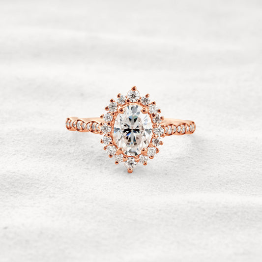 1.33 CT Oval Cut Halo & Pave Moissanite Diamond Engagement Ring In Rose Gold