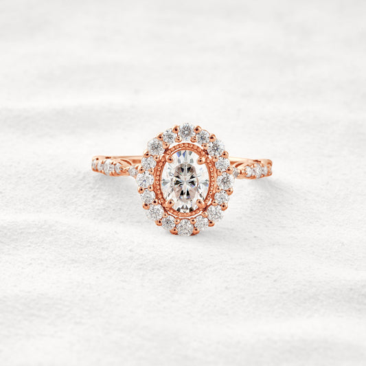 1.33 CT Oval Cut Halo & Pave Moissanite Diamond Engagement Ring In Rose Gold