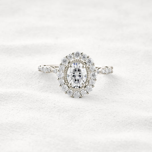 1.33 CT Oval Cut Halo & Pave Moissanite Diamond Engagement Ring In White Gold