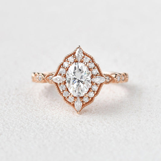 0.94 CT Oval Moissanite Diamond Vintage Halo Engagement Ring