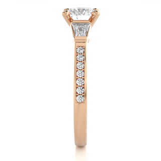 0.88 Carat Round and Baguette Three Stone  Moissanite Diamond Pave Engagement and Wedding Ring
