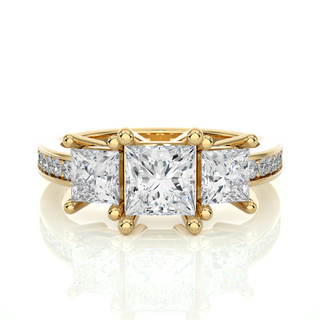 1.07 Carat Princess Cut Three Stone Moissanite Diamond Pave Engagement and Wedding Ring